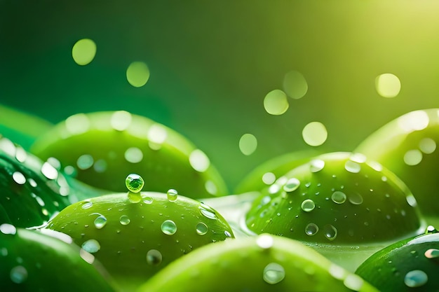 Hojas verdes con gotas de agua sobre un fondo verde