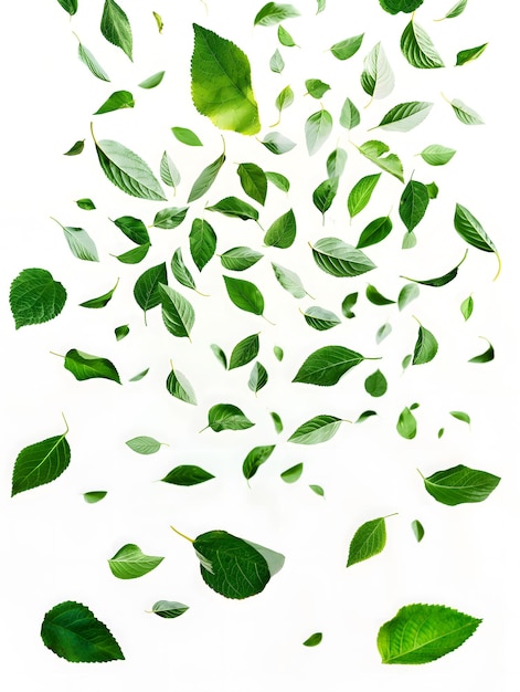 Foto hojas verdes graciosas que caen sobre un fondo blanco puro