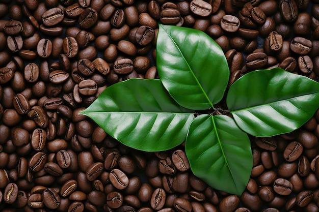 Hojas verdes con granos de café como fondo.
