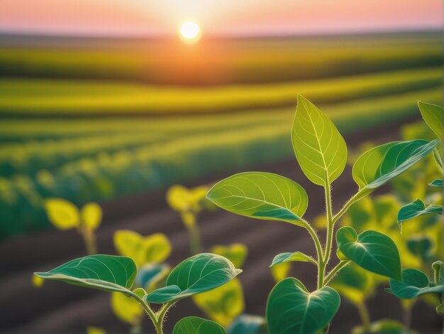 Foto hojas verdes de una joven planta de soja verde