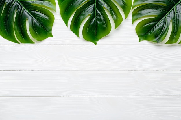 Hojas verdes de monstera sobre una mesa de madera blanca, fondo de hojas. Frontera del marco. Plantilla floral exótica con espacio de copia. Patrón con lugar para texto. Maqueta de verano. Papel tapiz de moda tropical, diseño.