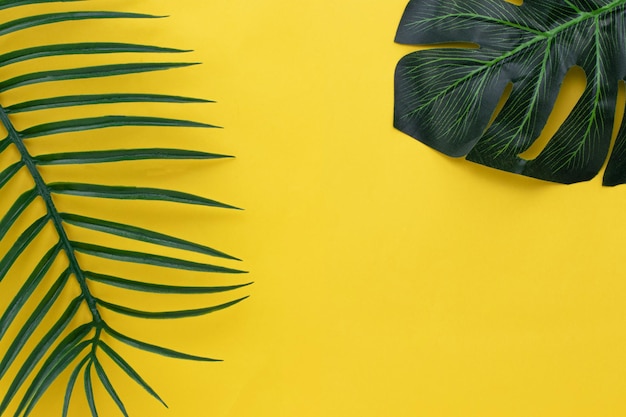 Hojas verdes planas de palmera sobre fondo amarillo. concepto de viaje