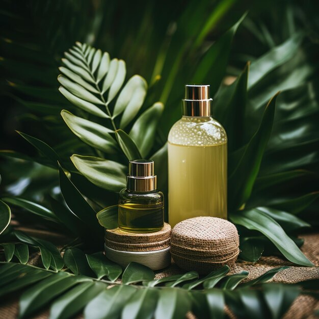 Foto hojas verdes con productos naturales para el cuidado de la piel belleza ecológica