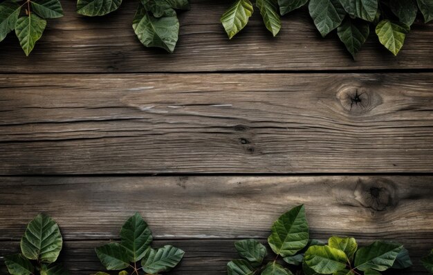 Hojas verdes que bordean la superficie de madera