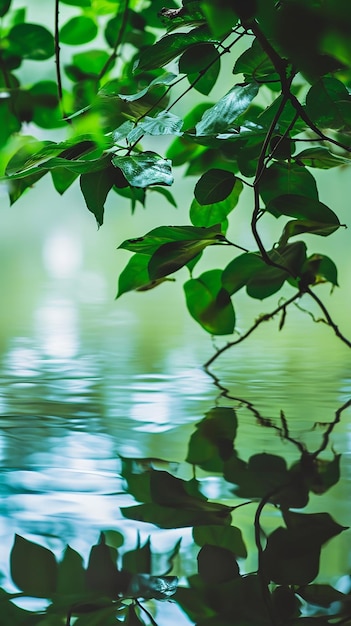 hojas verdes que se reflejan en el agua foco poco profundo