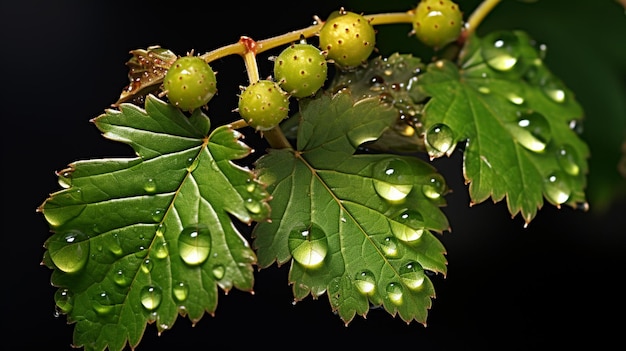 Foto hojas verdes raspadas con gotas de agua en ellas y algunas bayas verdes generativas ai