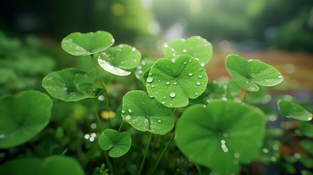 Foto hojas verdes raspadas con gotas de agua en ellas en un jardín generativo ai