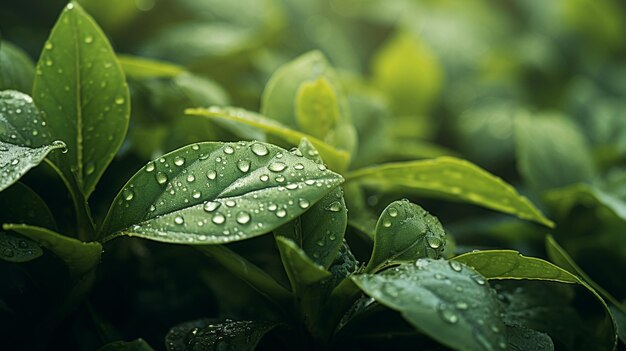 Foto hojas verdes raspadas con gotas de agua en ellas en la luz solar generativa ai