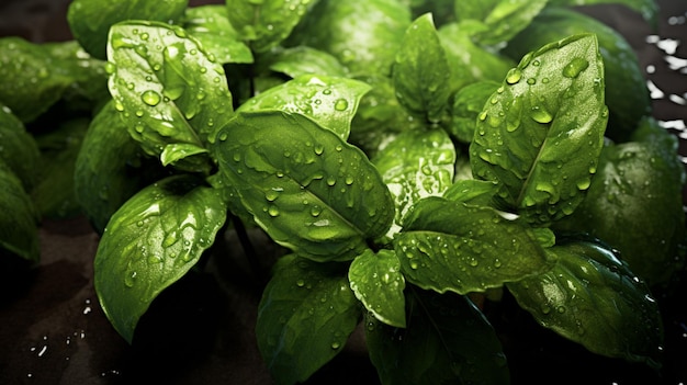 Foto hojas verdes raspadas con gotas de agua en ellas en una superficie negra generativa ai