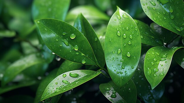 Foto hojas verdes raspadas con gotas de agua en ellas