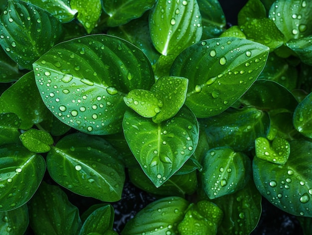 Hojas verdes con rocío Foto de fondo generada por IA