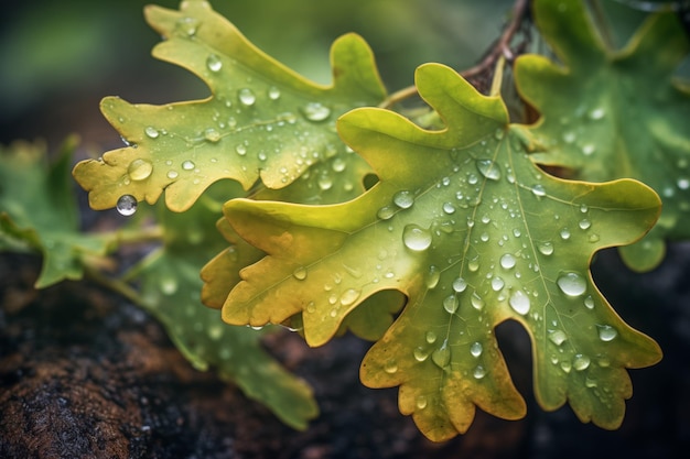 Hojas verdes de rocío que atrapan el agua de lluvia en un bosque