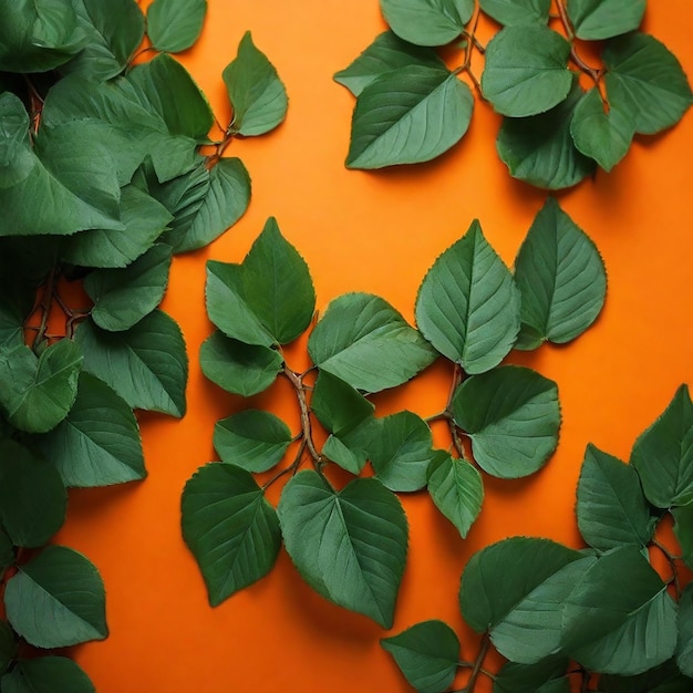 Hojas verdes sobre un fondo naranja