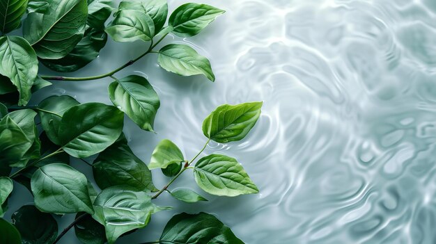 Hojas verdes sobre una superficie de agua limpia y transparente con un gran espacio de copia IA generativa