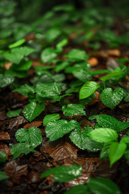 Hojas verdes en el suelo del bosque