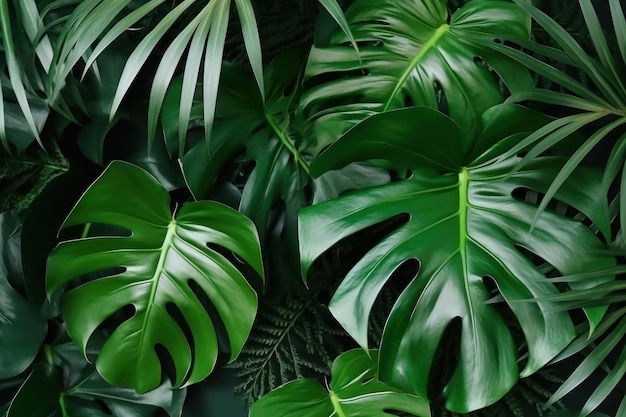 Hojas verdes tropicales Monstera fondo plano laico IA generativa