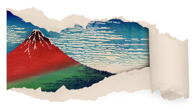 Hokusais Berg png Aufkleber zerrissenes Papier remixt von rawpixel transparenter Hintergrund