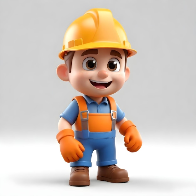 Hola de 3D personaje de trabajador de la construcción lindo en fondo blanco