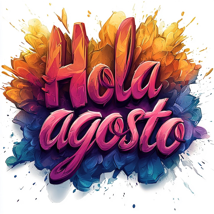 Foto hola agosto letras caligrafía en zigzag diagonal grunge en forma de gradiente de color salpicaduras hechas f
