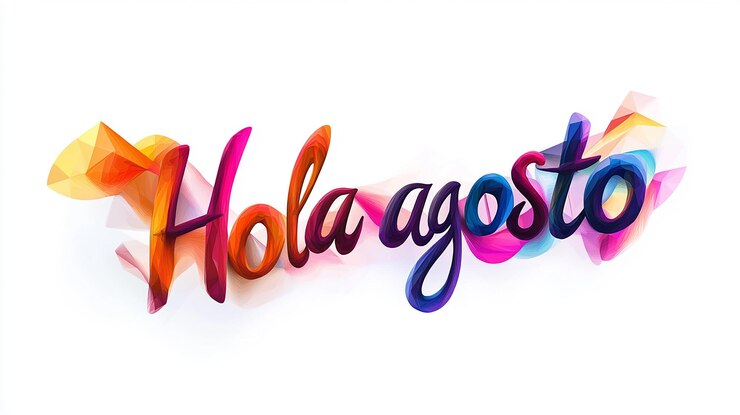 Foto hola agosto letras caligrafía en zigzag diagonal grunge en forma de gradiente de color salpicaduras hechas f