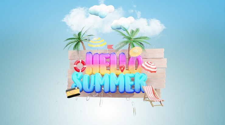 Foto hola al diseño de banner de verano 2022. coloridos elementos de playa con letras 3d en fondo azul, ilustración 3d
