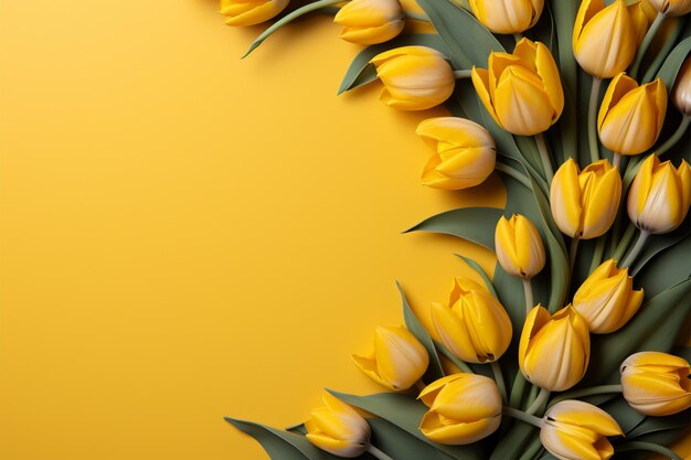 Hola corona de tulipán de primavera en la composición de la tarjeta de felicitación de vista superior amarilla