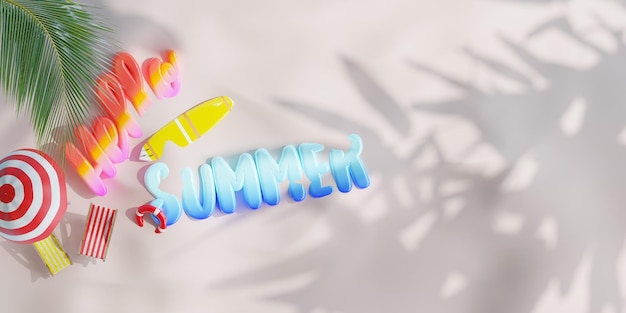 Hola a los elementos de playa de diseño de banner de verano con letras 3d en la vista superior de fondo de arena Ilustración 3d