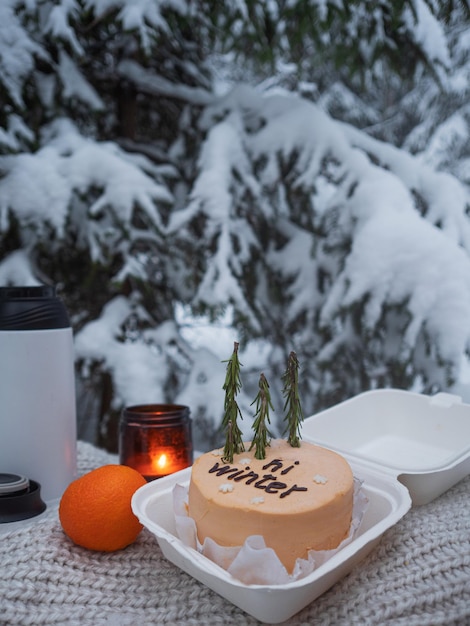 Hola invierno acogedor estado de ánimo de invierno un hermoso picnic de invierno con té en un termo y un pastel bento superan ...