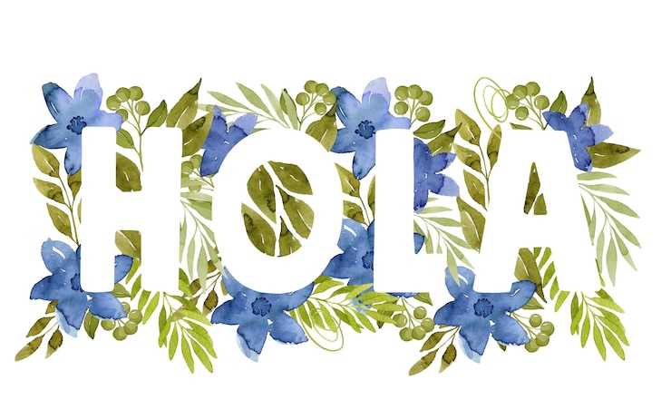 Foto hola-schriftzug mit aquarellblumen und botanischen illustrationen der blätter