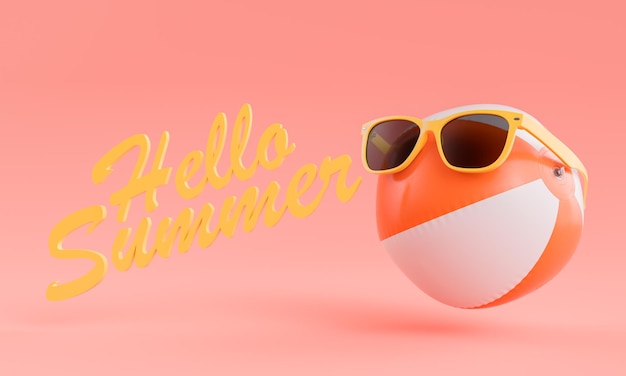 Hola texto de verano con estilizado balón de playa y gafas de sol en fondo rojo