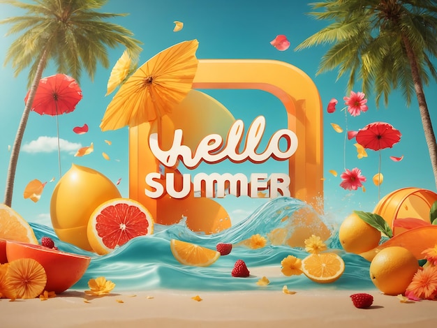 Hola Verano Diseño texto Banner Concepto de vacaciones Sombrilla de playa Fondo azul Representación 3D