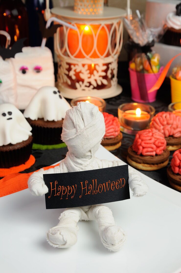 Foto holder mummy convida você para uma festa em homenagem ao halloween