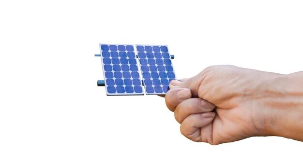 Holding ein Solarpanel Photovoltaik auf weißem Hintergrund