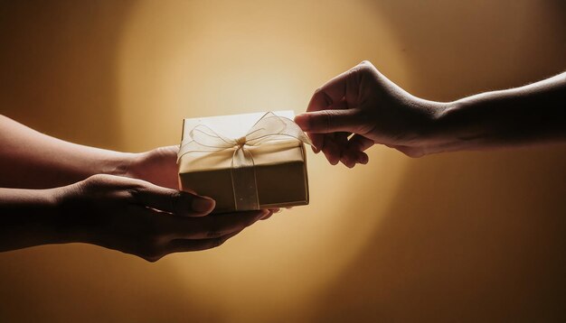 Foto holding hands and exchanging gift box box given from hands to hands