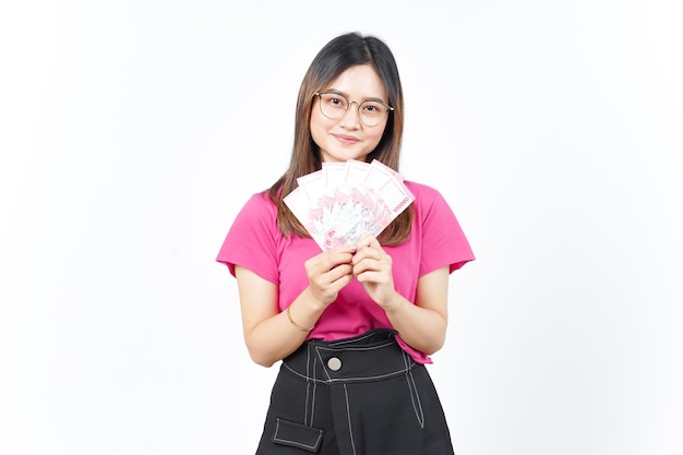 Holding neue 100000 Bank Note Indonesien Rupiah der schönen asiatischen Frau, Isolated On White Background