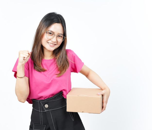 Holding-Paket-Box oder Karton der schönen asiatischen Frau, Isolated On White Background