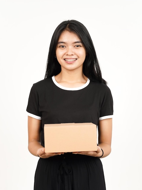 Holding-Paket-Box oder Karton der schönen asiatischen Frau, Isolated On White Background