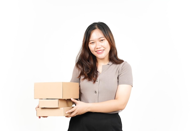 Holding-Paket-Box oder Karton der schönen asiatischen Frau, Isolated On White Background