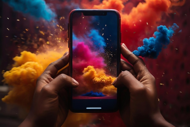 Holi Celebration Indian Hands segura telefone com explosão colorida saindo da tela