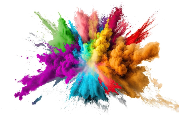 Holi-Farbpulverexplosion mit Regenbogen auf isoliertem weißem Hintergrund Ausbruch lebendiger Farben Generative KI