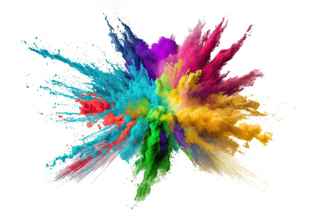 Holi-Farbpulverexplosion mit Regenbogen auf isoliertem weißem Hintergrund Ausbruch lebendiger Farben Generative KI