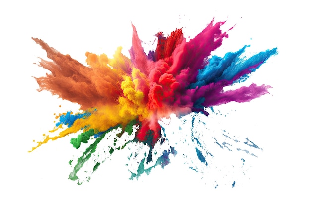Holi-Farbpulverexplosion mit Regenbogen auf isoliertem weißem Hintergrund Explosion lebendiger Farben Generative KI