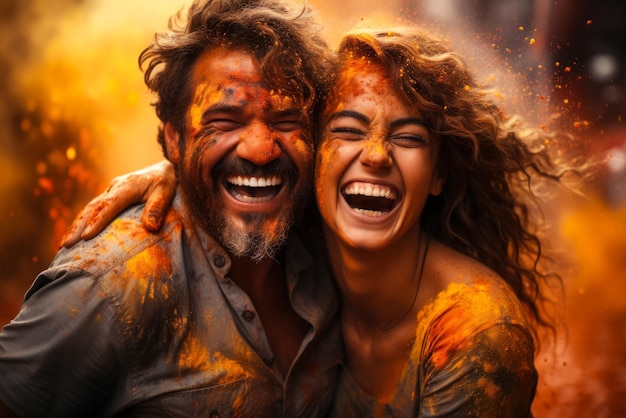 Holi Feiertag glückliches Paar in der Liebe vermittelt perfekt den freudigen und hellen Moment der Freude