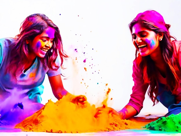 Holi feliz Dos mujeres jóvenes con caras cubiertas de polvo de tiza de colores abrazándose en el Festival de Holi