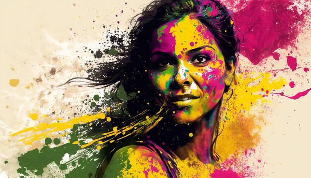 Holi Festival de Colores. Retrato de mujer india feliz con salpicaduras de color Holi, ai generativo