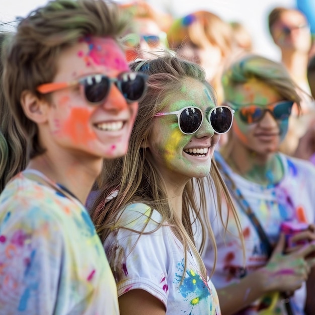 Holi festival de colores varios jóvenes en el verano en el festival de colores