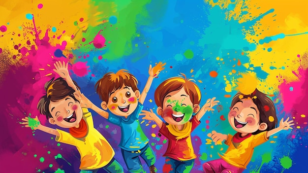 Holi festival criativo padrão de bandeira design Ilustração de crianças e colorido Generative Ai