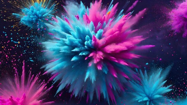 Holi-Festival Farbiges Pulver Explosion in der Luft Abstrakt Nahaufnahme Staub im Hintergrund