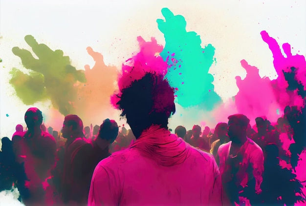 Holi festival el festival de los colores con multitud de personas y polvo colorido en la ciudad india AI generativa