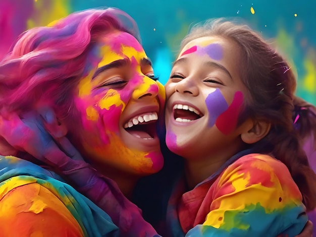 Holi-Festival in der Feier Männer Frau Baby zusammen bunter Regenbogen